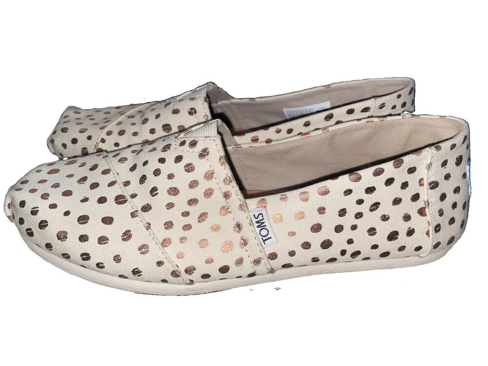 Toms Canvas Beige Gold Print Slip On Loafers Shoes Women Size W 8 Comfort Fabric